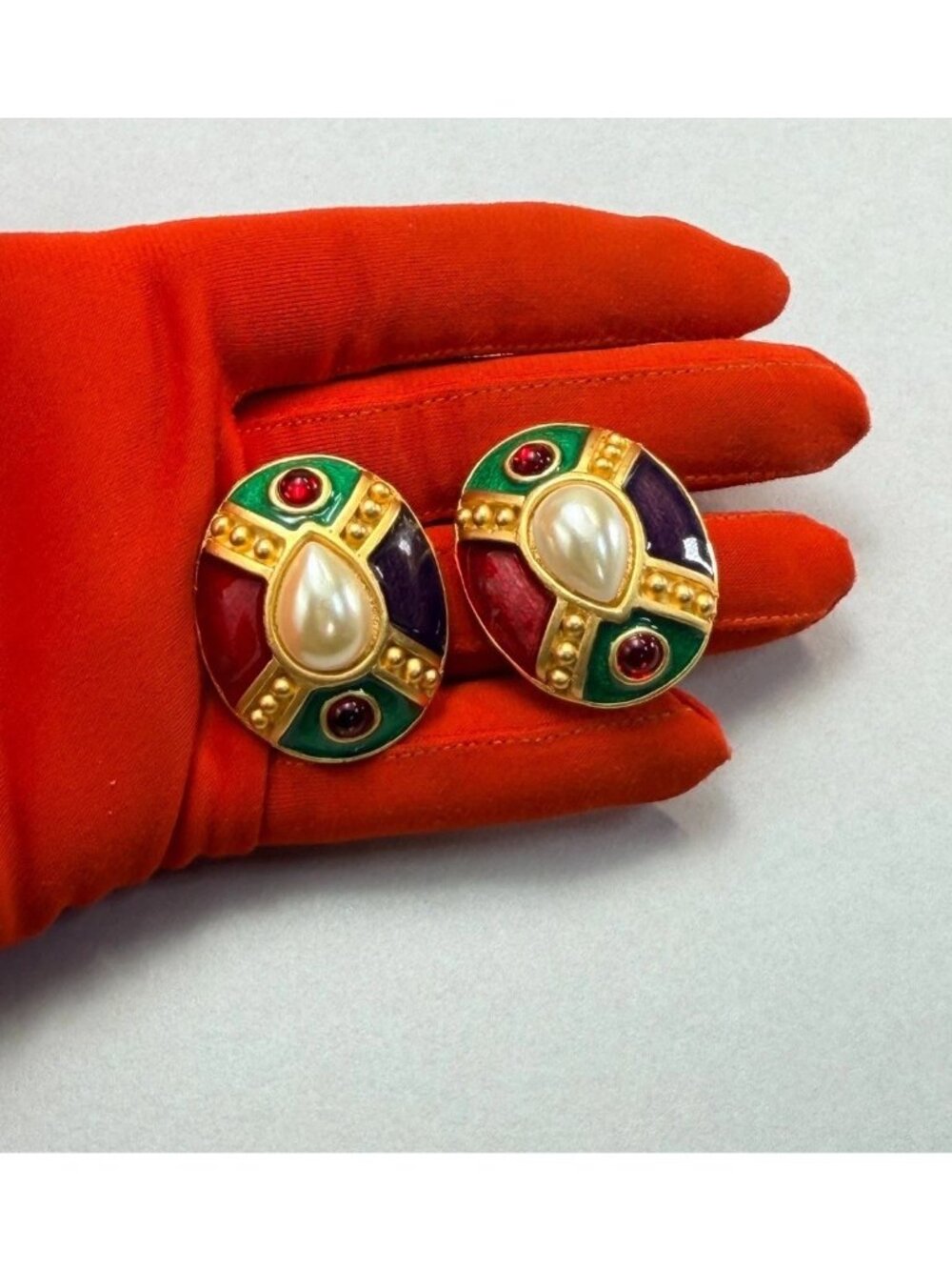 Vintage Blanca Enamel Faux Pearl Runway Statement Clip On Earrings 1980s Signed